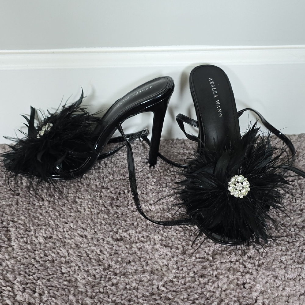 Azalea Wang black Santos feather flower ankle strap heels shoes-6.5